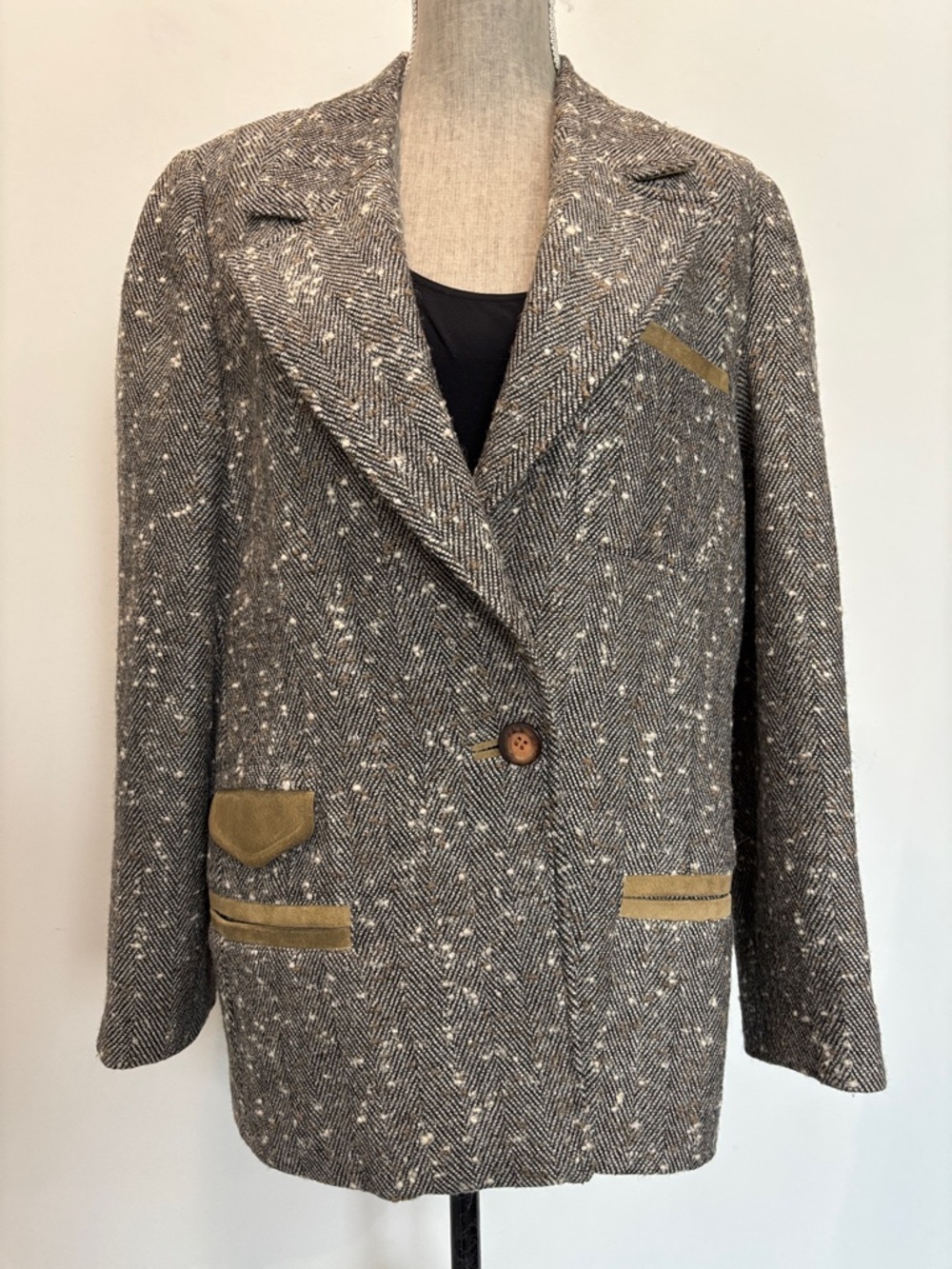 Alan Cherry Herringbone Tweed Blazer Suede Trim Wool Jacket Size 46 - Picture 2 of 15